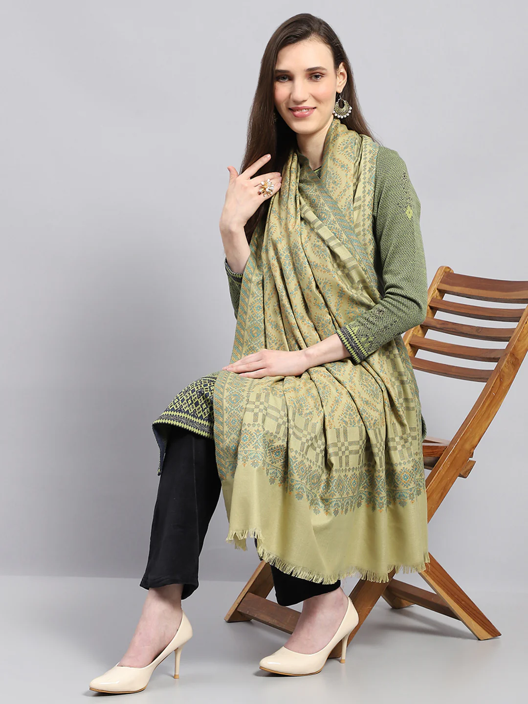 Women Green Self Design Shawl - Image 5