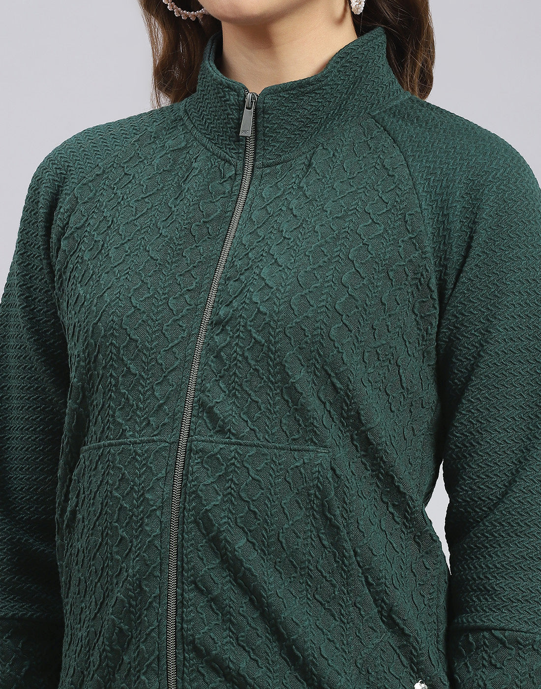 Women Green Self Design Stand Collar Full Sleeve Sweatshirt - Image 6