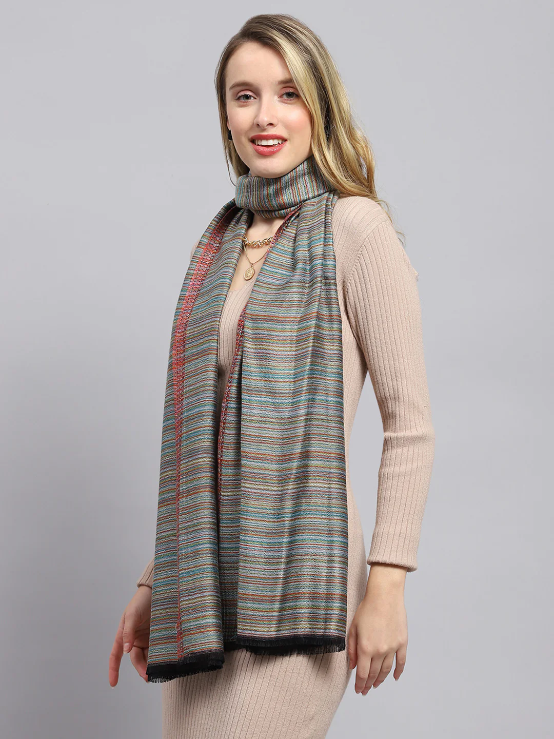 Women Green Self Design Stole - Image 4