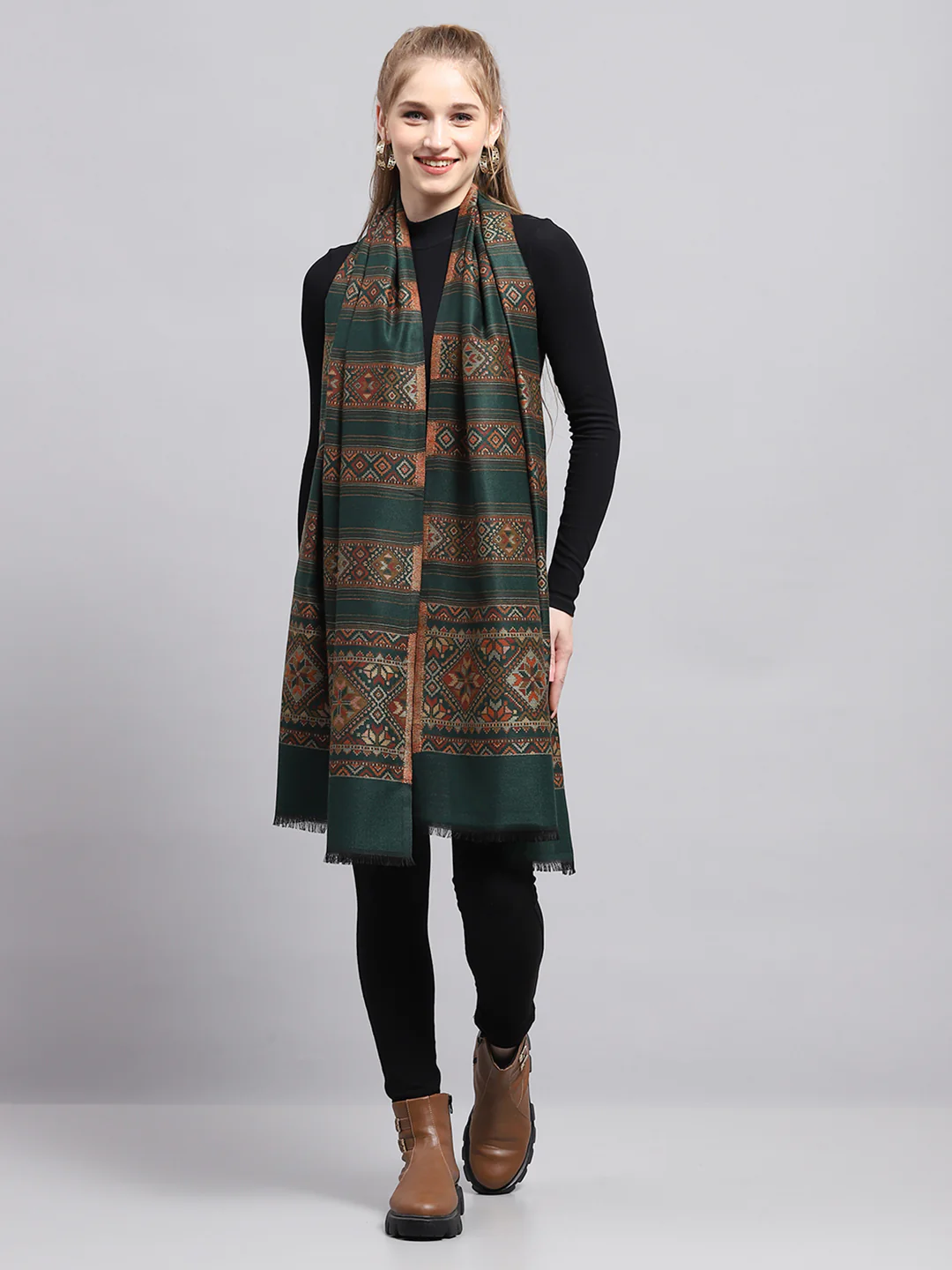 Women Green Self Design Stole - Image 5