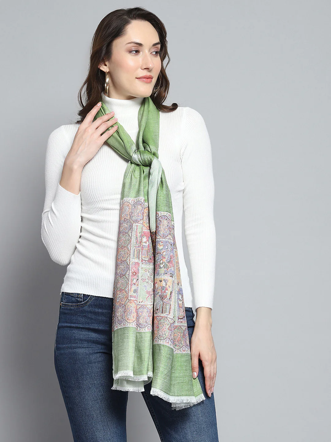 Women Green Self Design Stole - Image 4