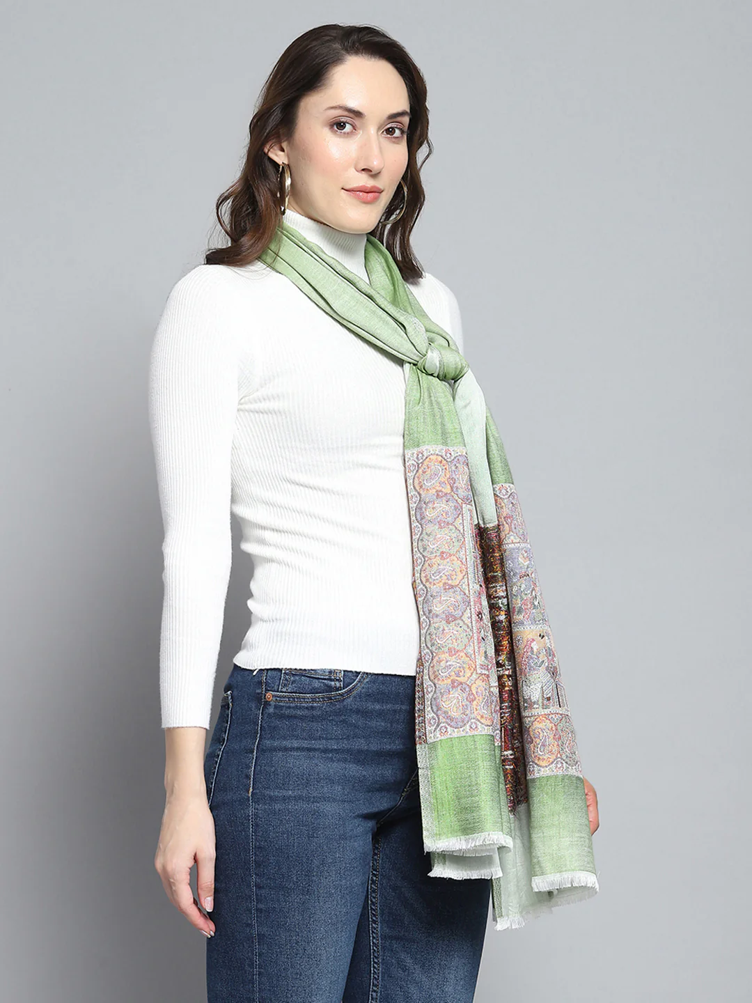 Women Green Self Design Stole - Image 5
