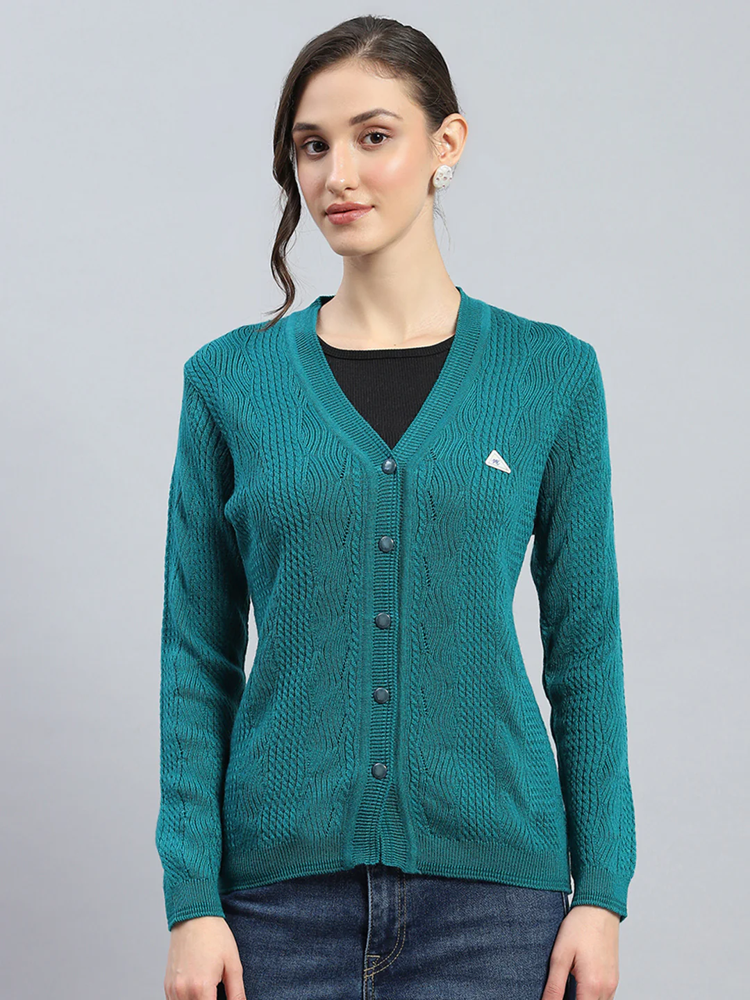 Women Green Self Design V Neck Full Sleeve Cardigan - Image 3