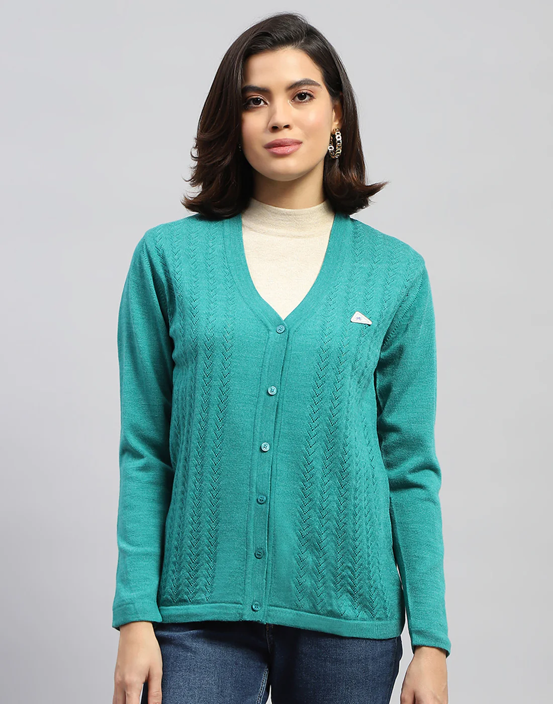 Women Green Self Design V Neck Full Sleeve Cardigan - Image 3