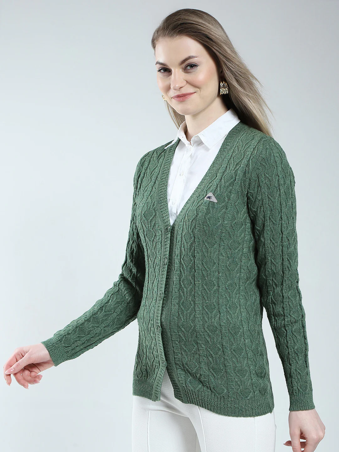 Women Green Self Design V Neck Full Sleeve Cardigan - Image 3