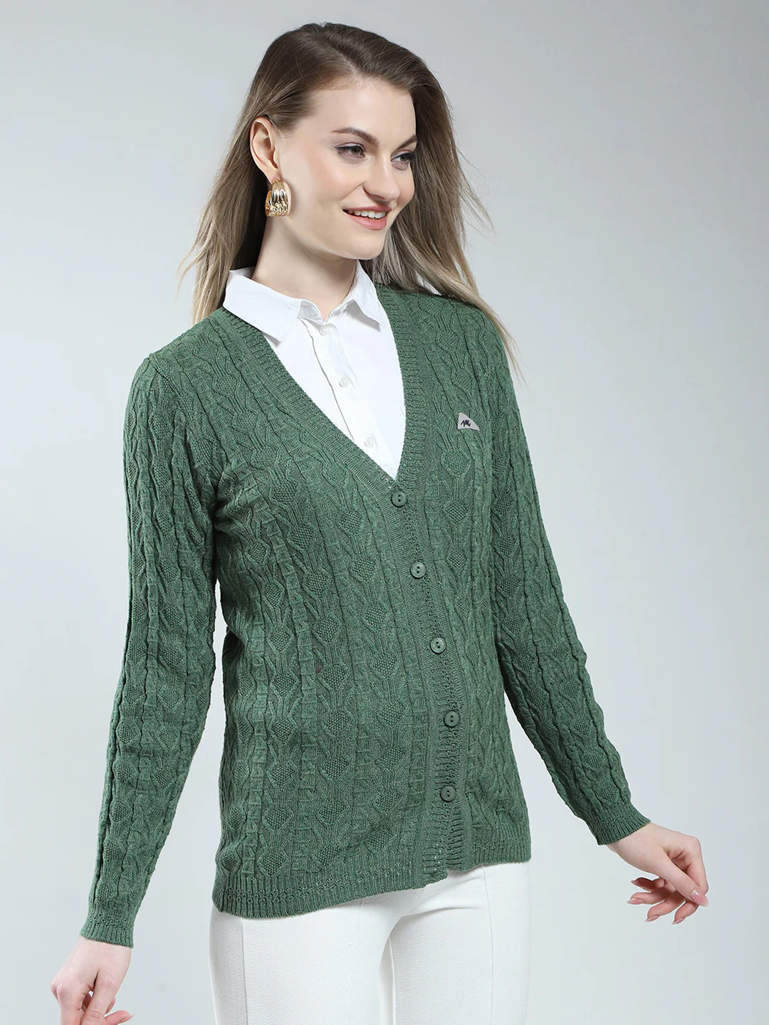 Women Green Self Design V Neck Full Sleeve Cardigan - Image 4