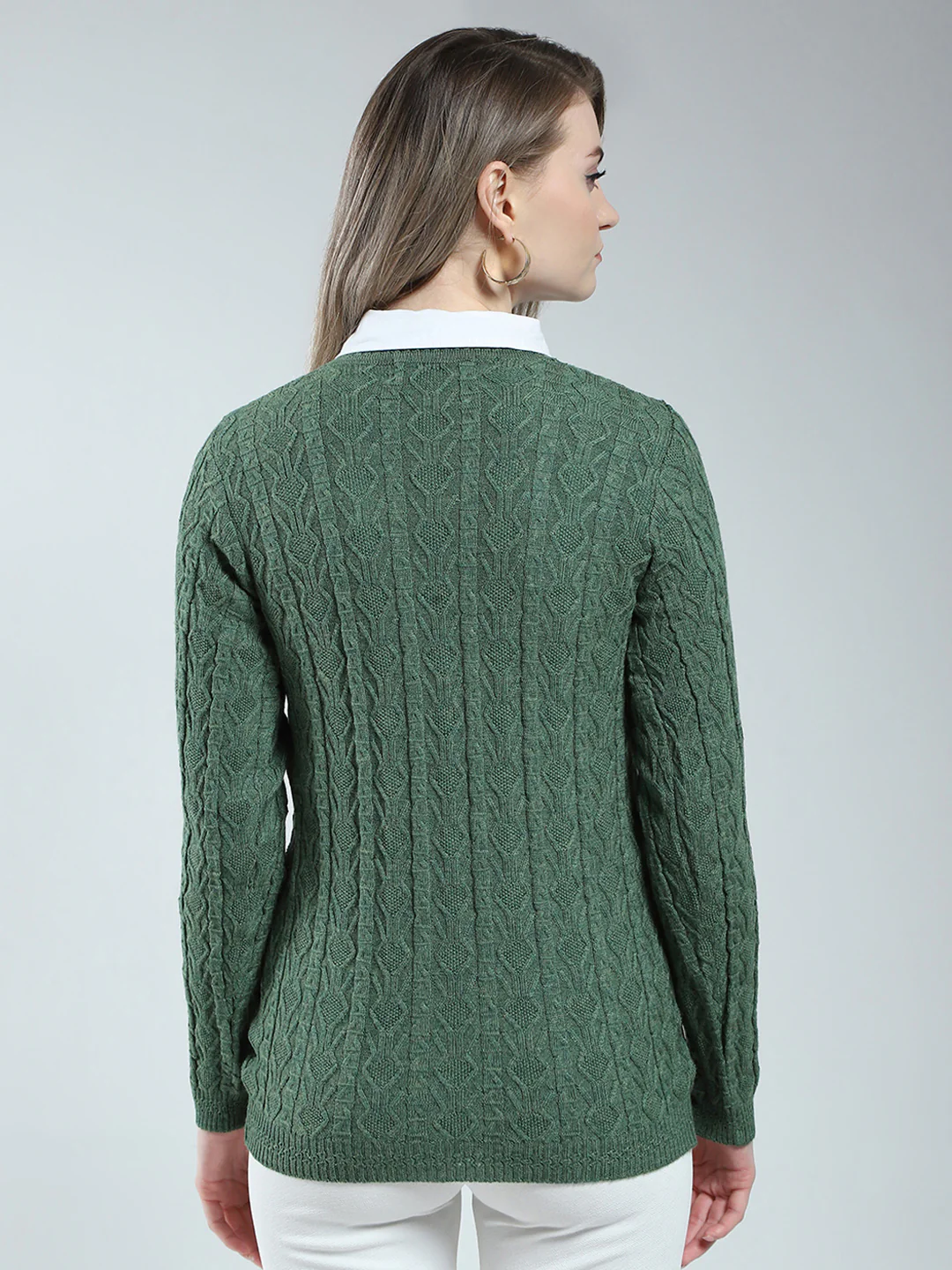 Women Green Self Design V Neck Full Sleeve Cardigan - Image 5