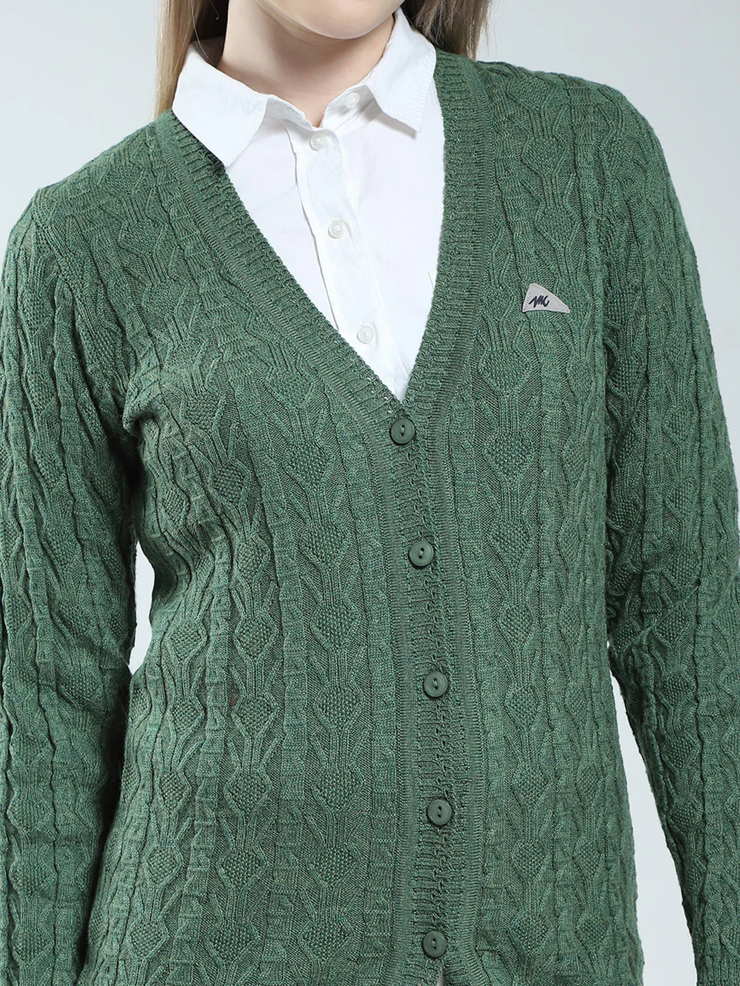 Women Green Self Design V Neck Full Sleeve Cardigan - Image 6