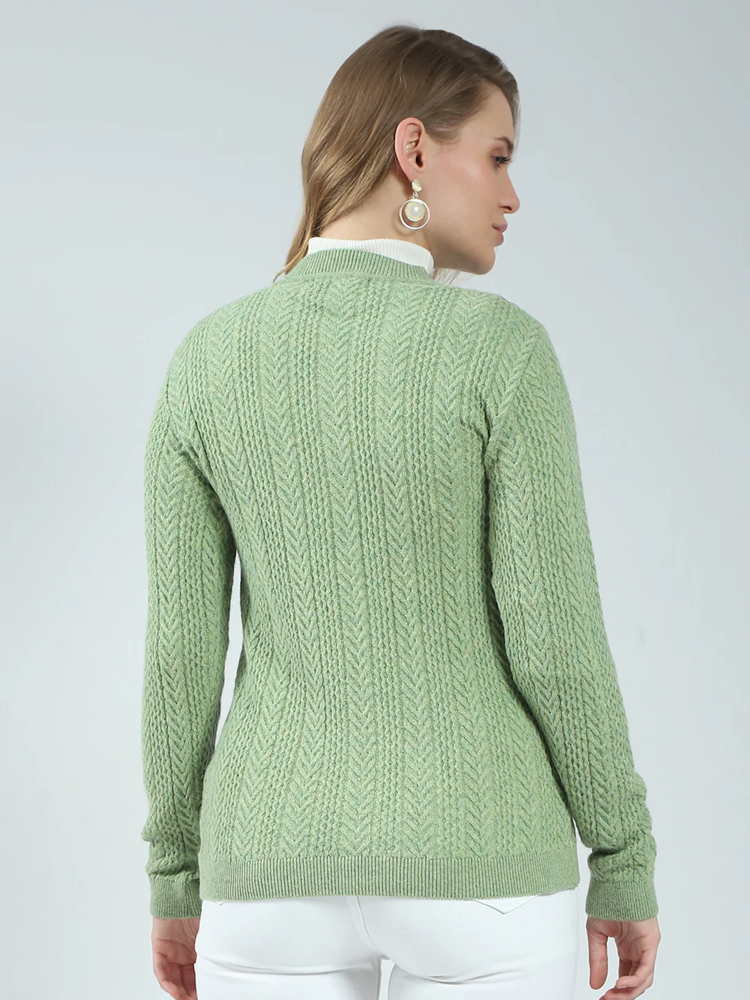 Women Green Self Design V Neck Full Sleeve Cardigan - Image 5