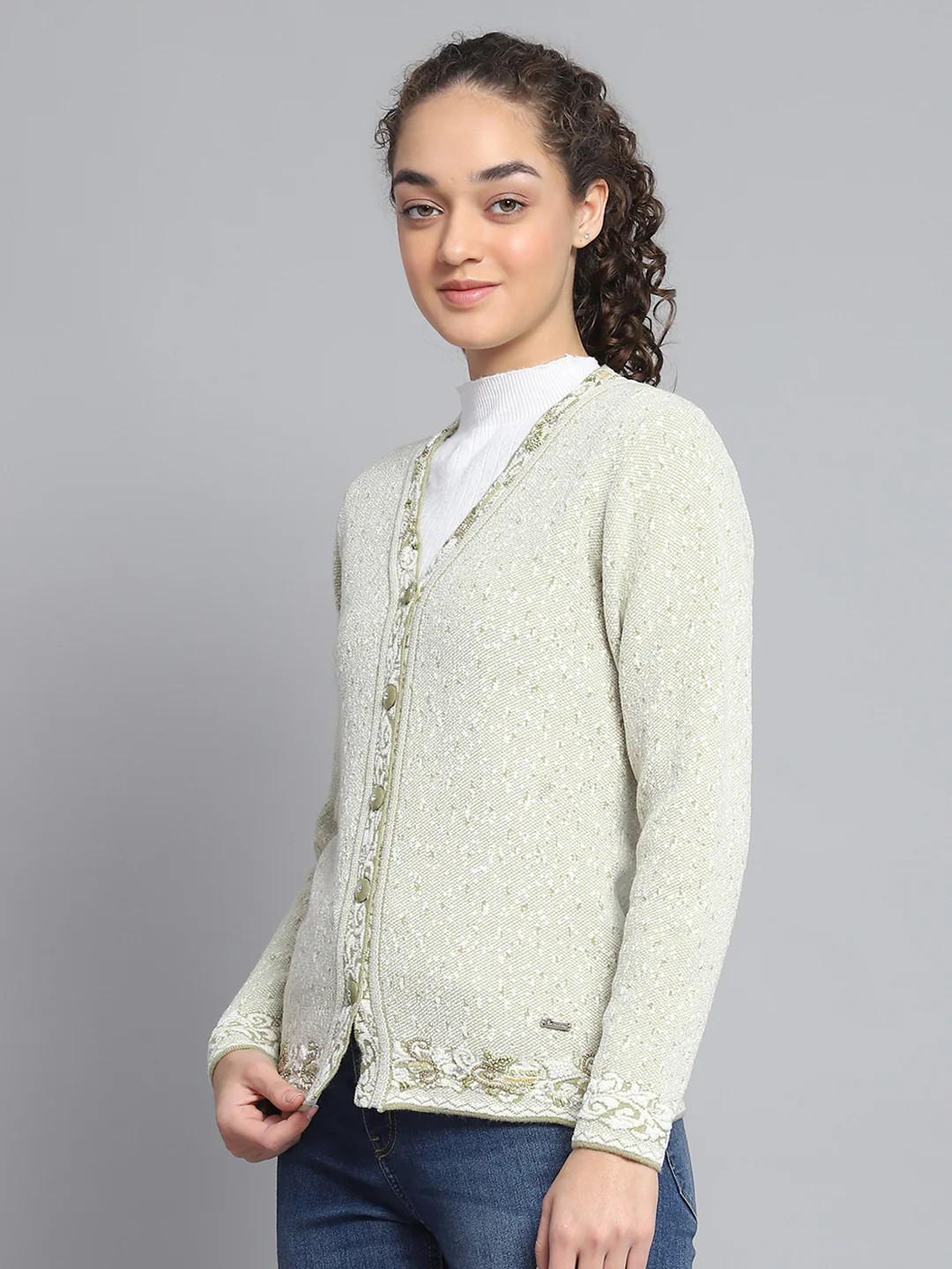 Women Green Self Design V Neck Full Sleeve Cardigan - Image 3
