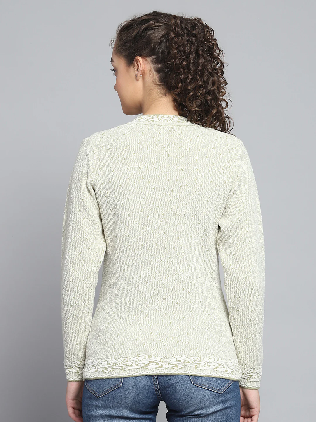 Women Green Self Design V Neck Full Sleeve Cardigan - Image 5