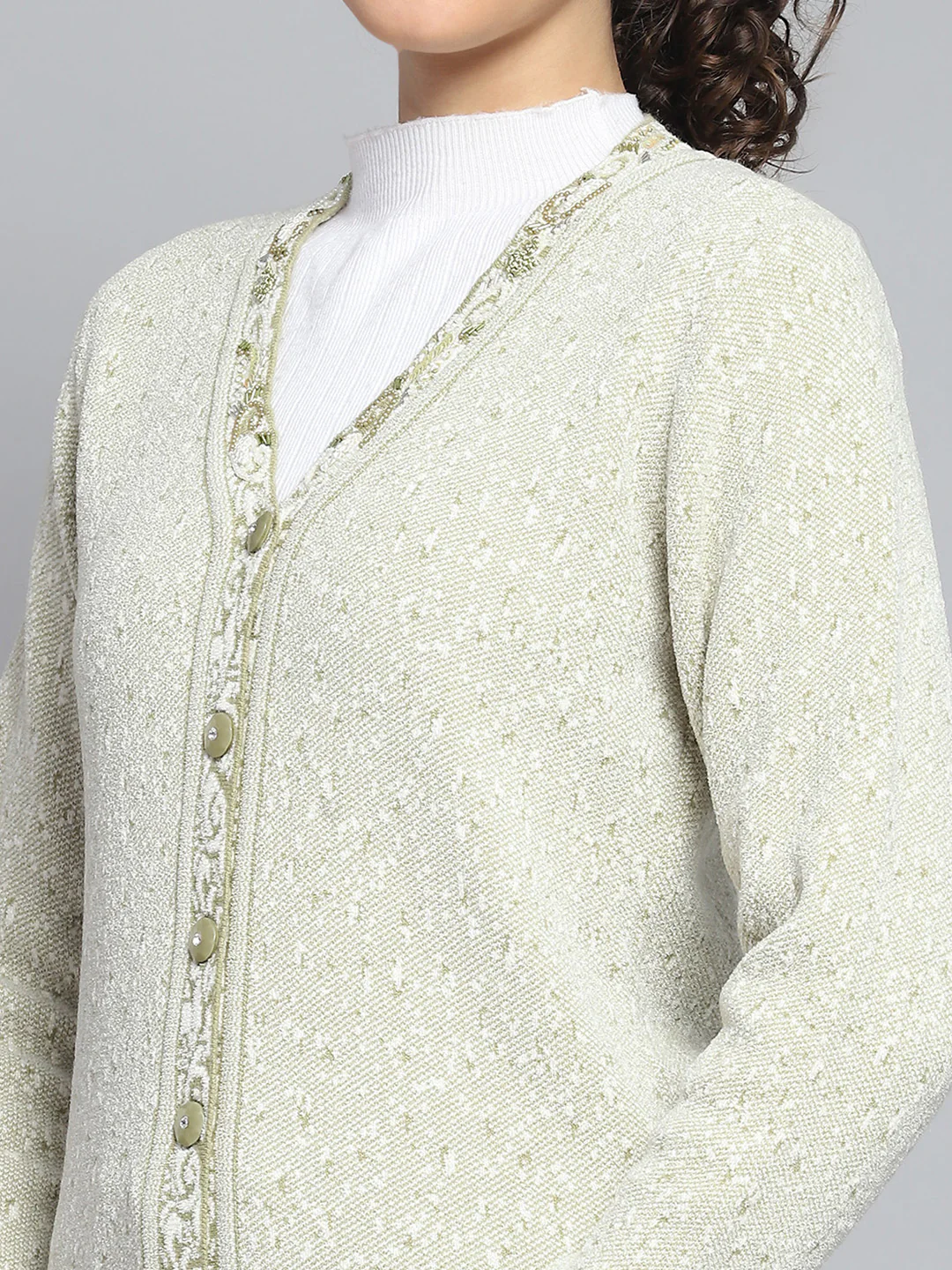 Women Green Self Design V Neck Full Sleeve Cardigan - Image 7