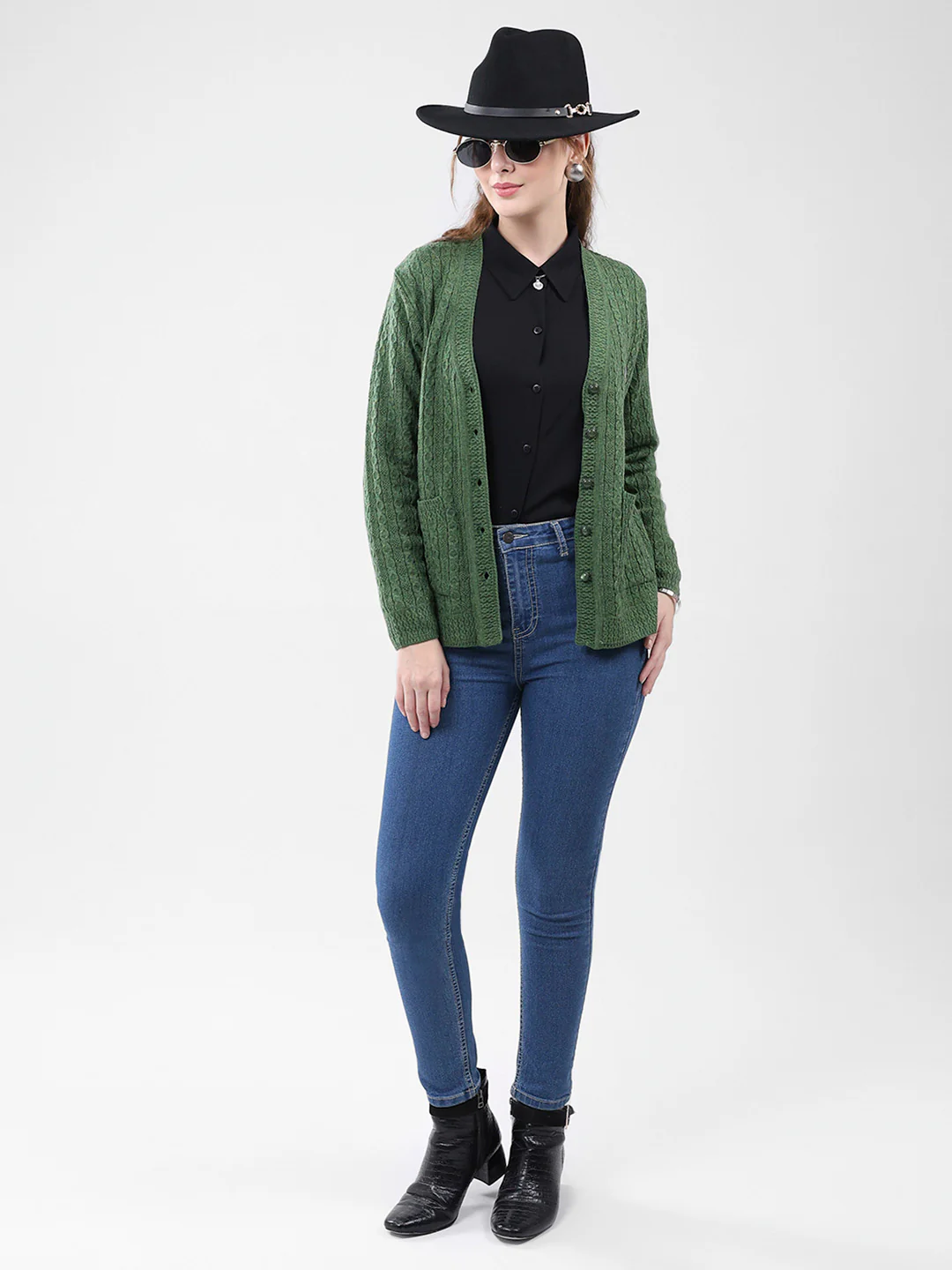 Women Green Self Design V Neck Full Sleeve Cardigan - Image 2