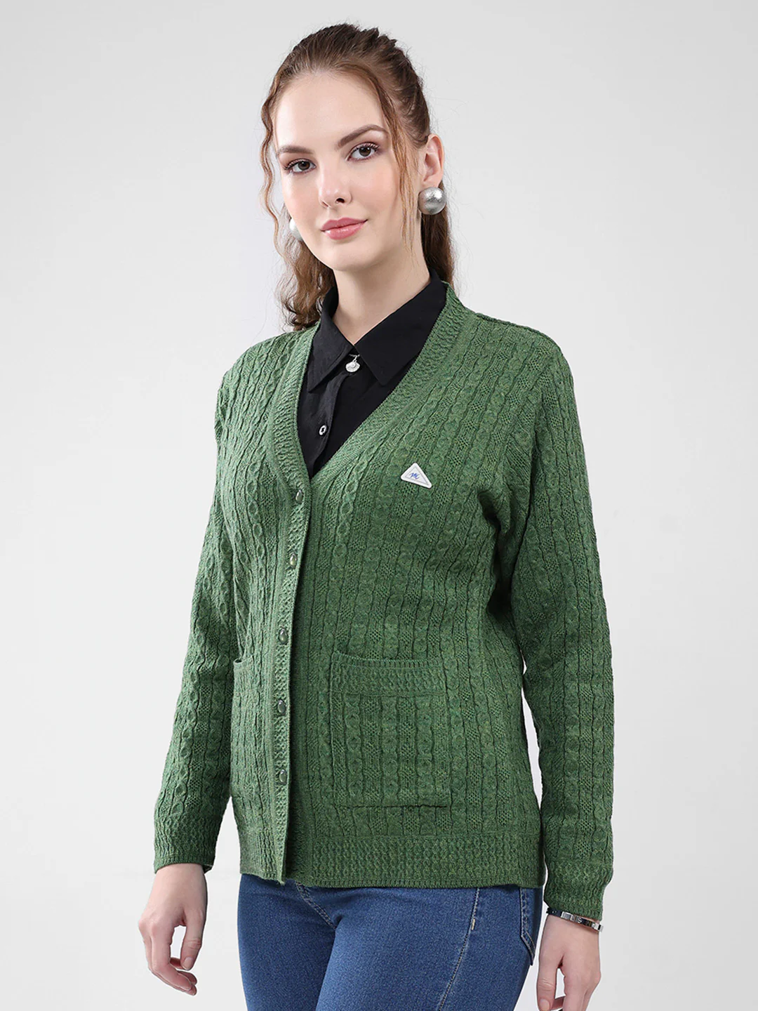 Women Green Self Design V Neck Full Sleeve Cardigan - Image 3