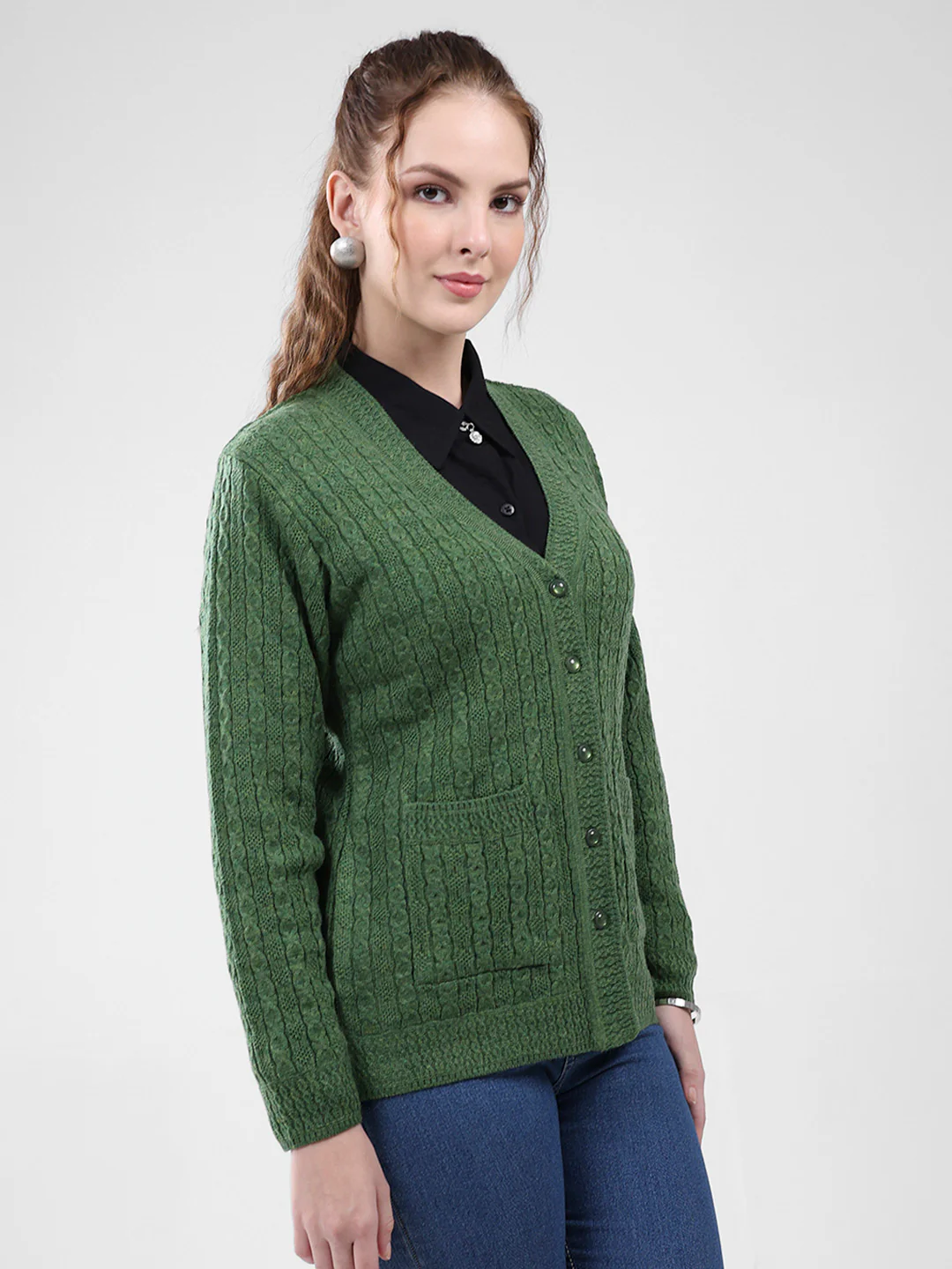 Women Green Self Design V Neck Full Sleeve Cardigan - Image 4
