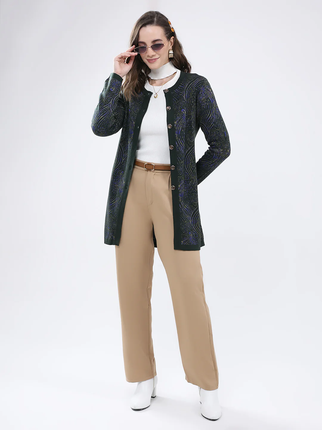 Women Green Self Design Round Neck Full Sleeve Cardigan - Image 2