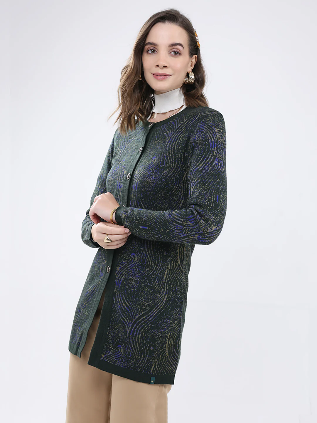 Women Green Self Design Round Neck Full Sleeve Cardigan - Image 3