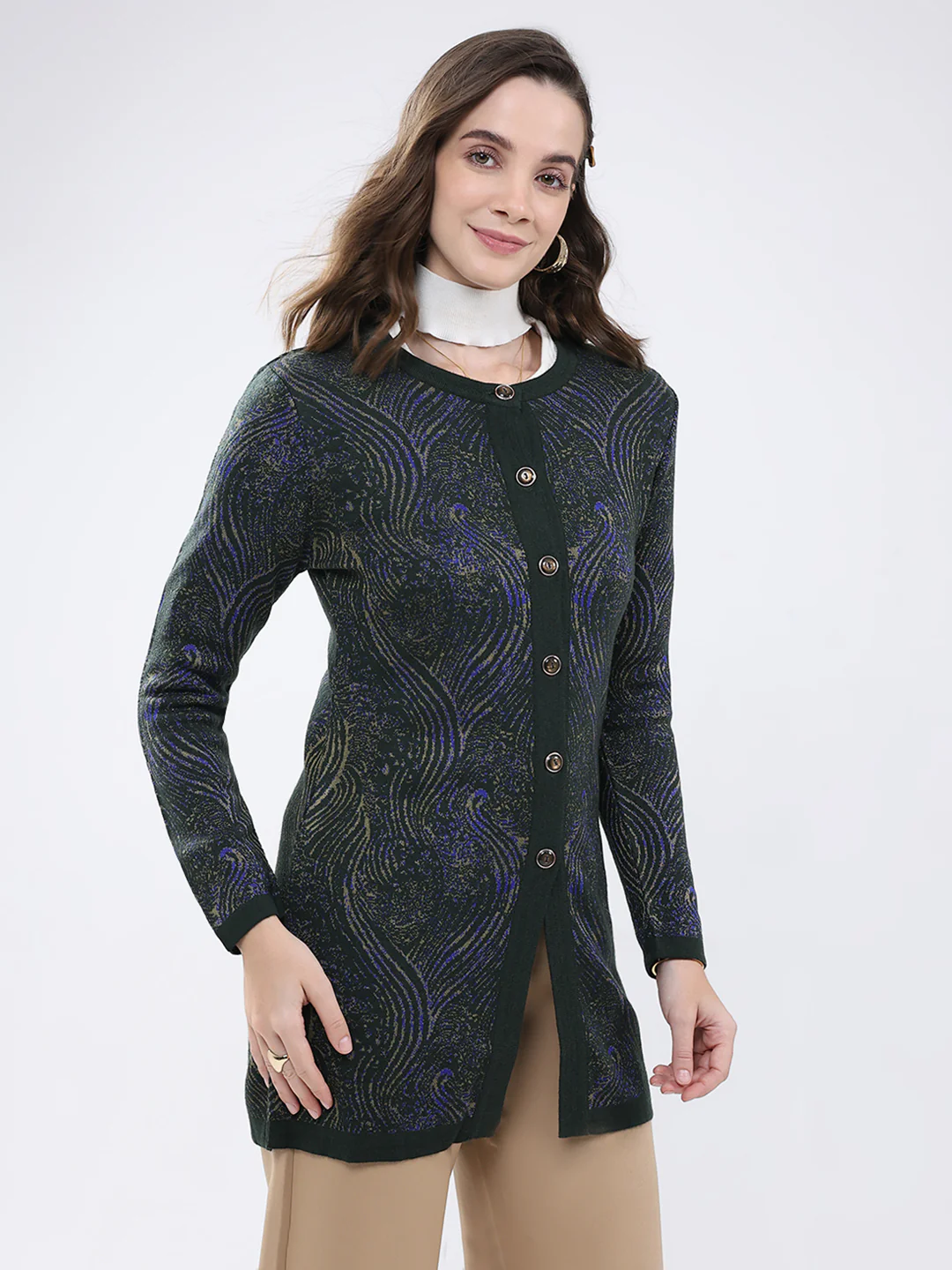 Women Green Self Design Round Neck Full Sleeve Cardigan - Image 4