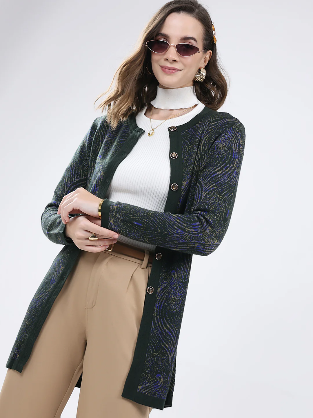 Women Green Self Design Round Neck Full Sleeve Cardigan - Image 6