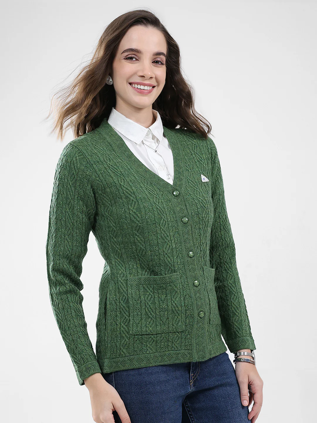 Women Green Self Design V Neck Full Sleeve Cardigan - Image 4