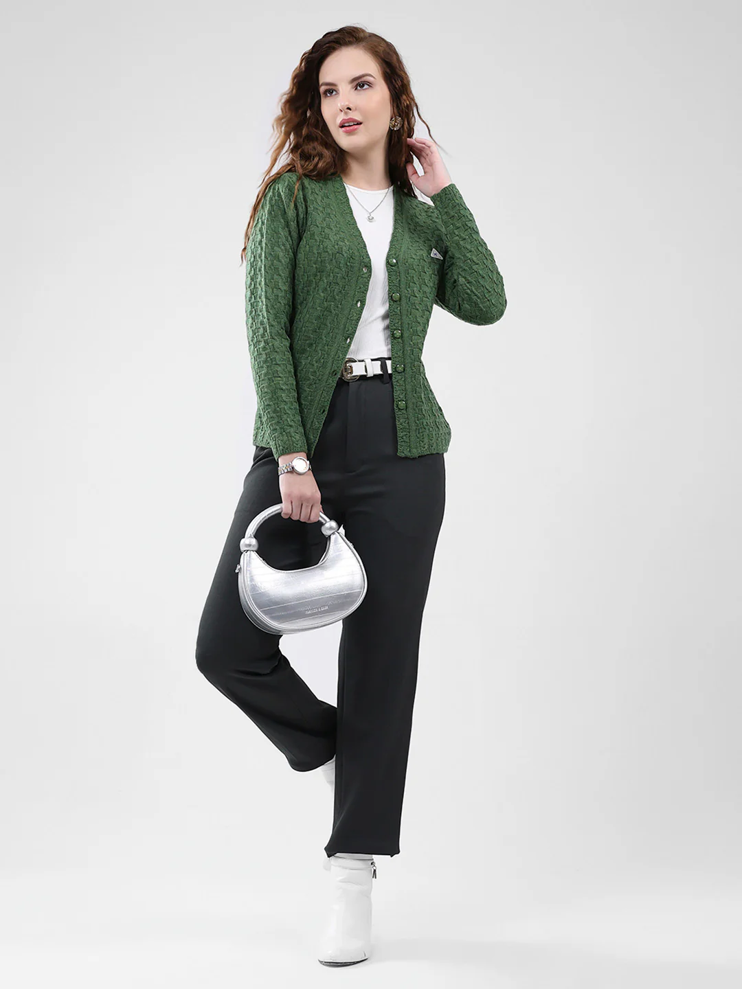 Women Green Self Design V Neck Full Sleeve Cardigan - Image 2