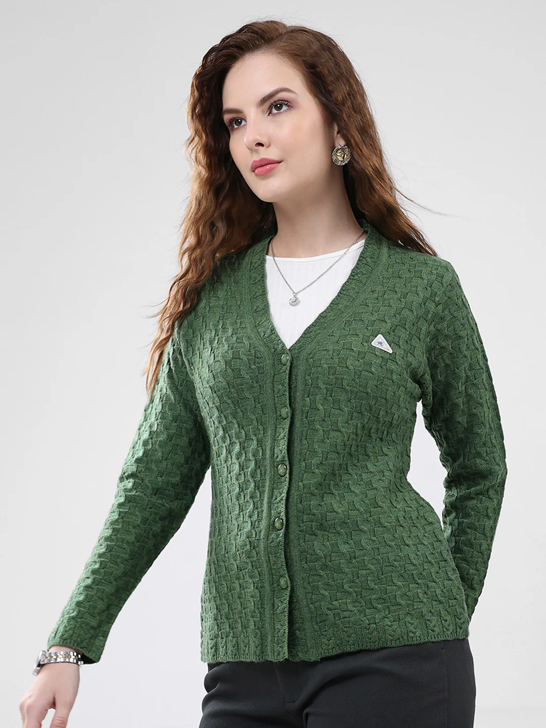 Women Green Self Design V Neck Full Sleeve Cardigan - Image 3
