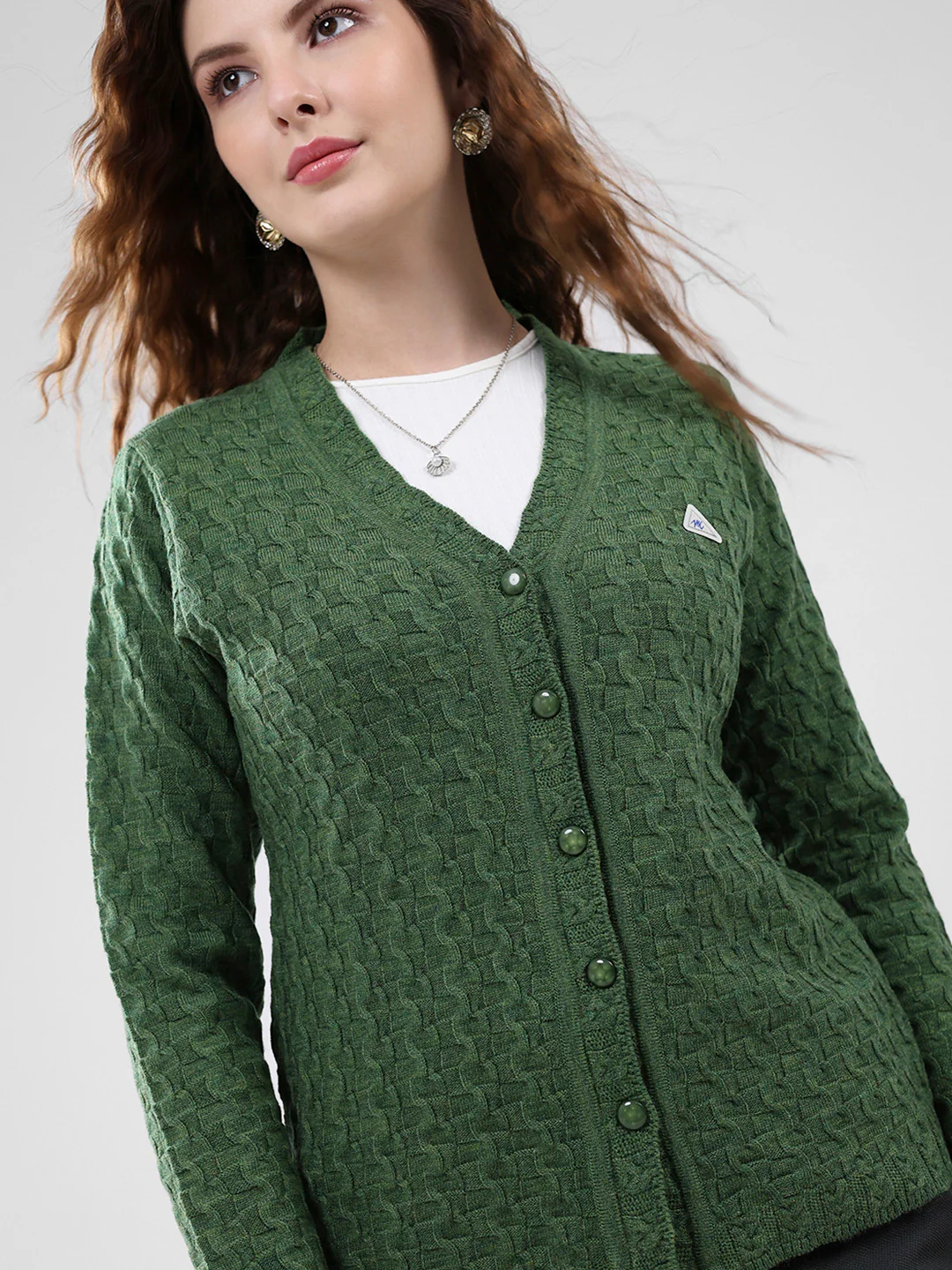 Women Green Self Design V Neck Full Sleeve Cardigan - Image 6