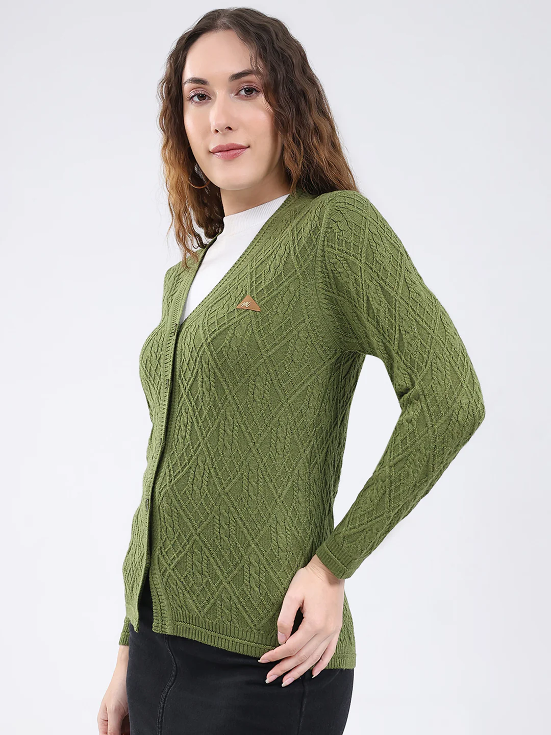 Women Green Self Design V Neck Full Sleeve Cardigan - Image 3