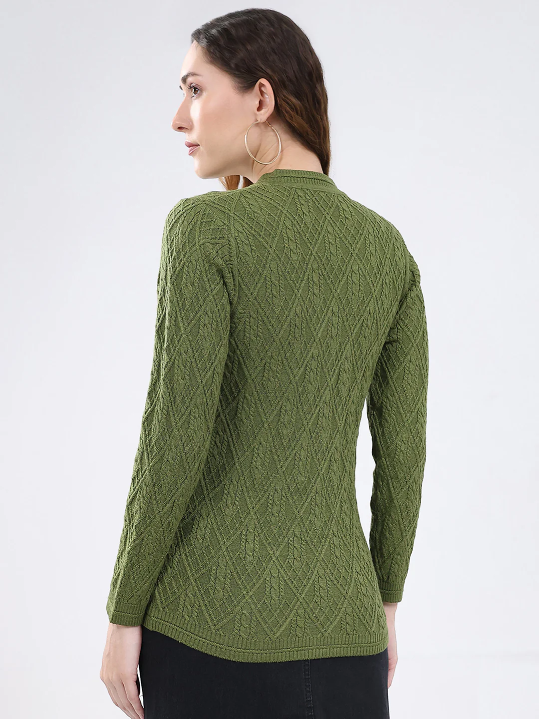 Women Green Self Design V Neck Full Sleeve Cardigan - Image 5