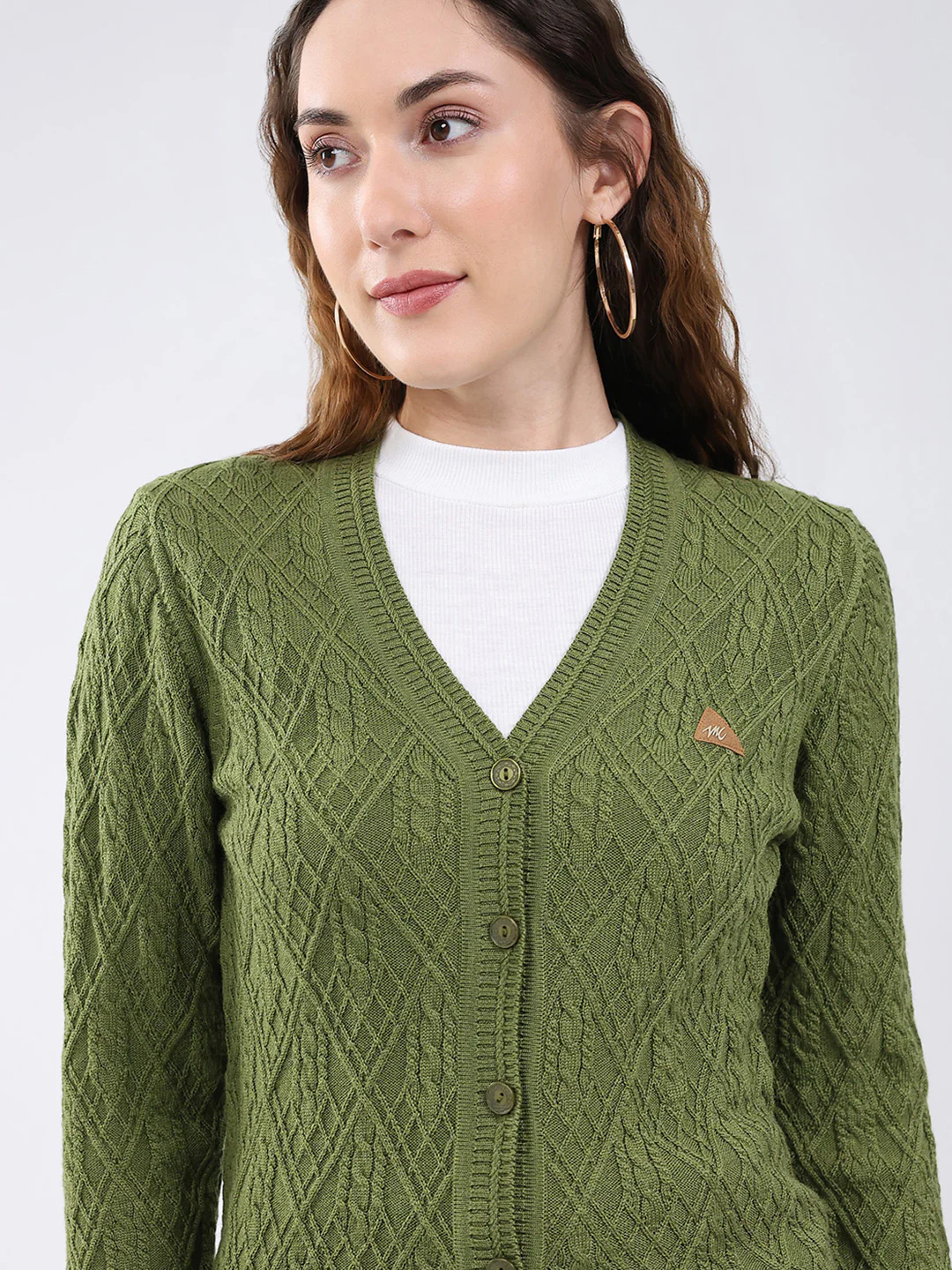 Women Green Self Design V Neck Full Sleeve Cardigan - Image 7