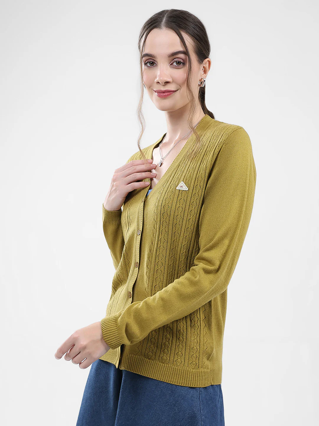 Women Green Self Design V Neck Full Sleeve Cardigan - Image 3