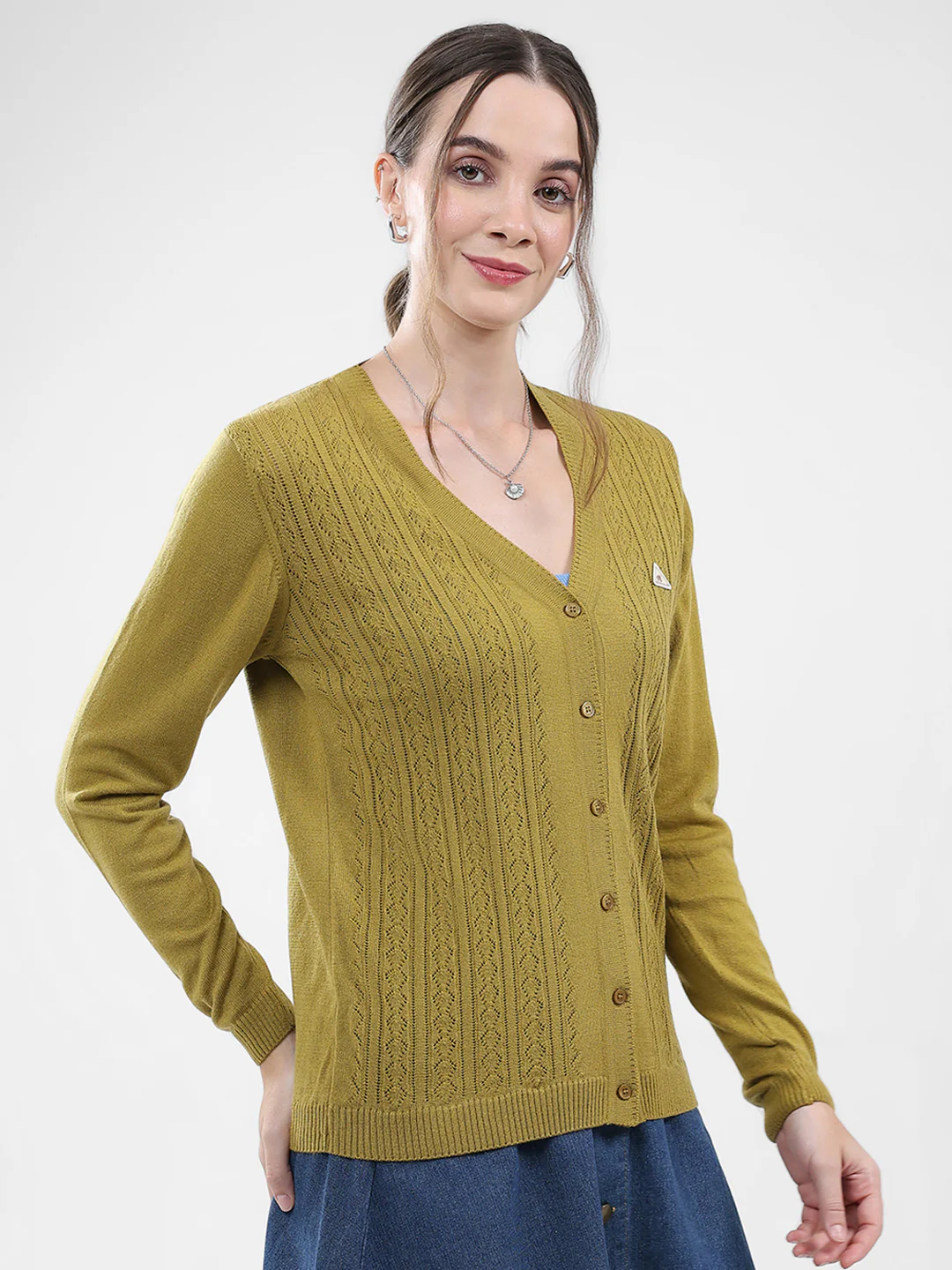 Women Green Self Design V Neck Full Sleeve Cardigan - Image 4