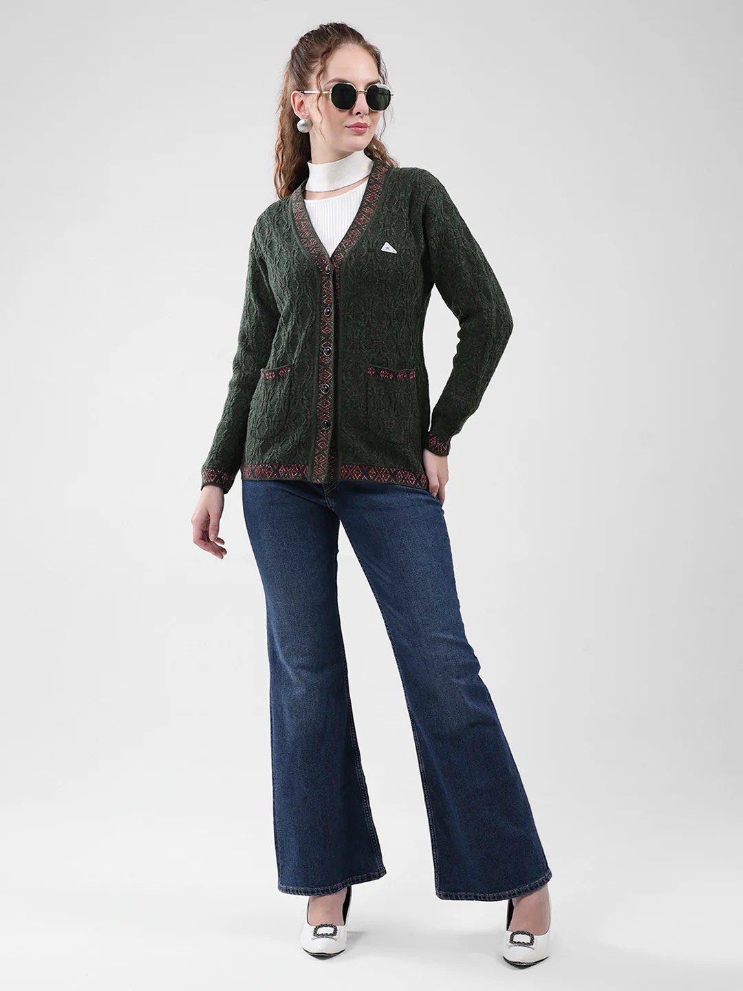 Women Green Self Design V Neck Full Sleeve Cardigan - Image 2
