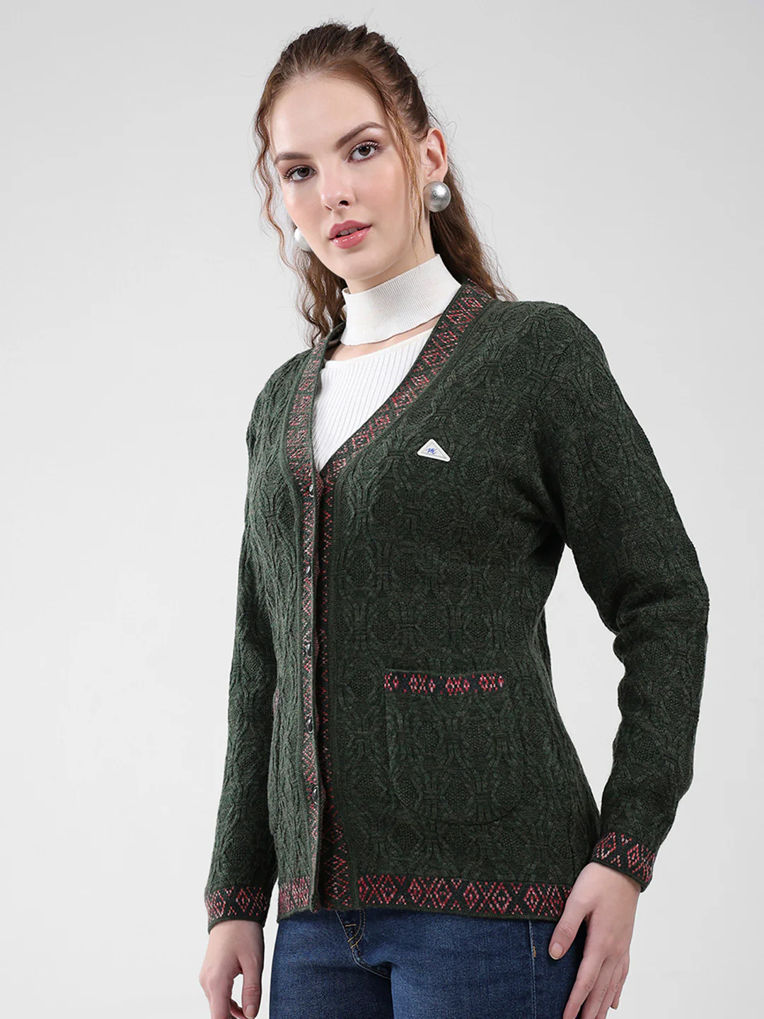 Women Green Self Design V Neck Full Sleeve Cardigan - Image 3