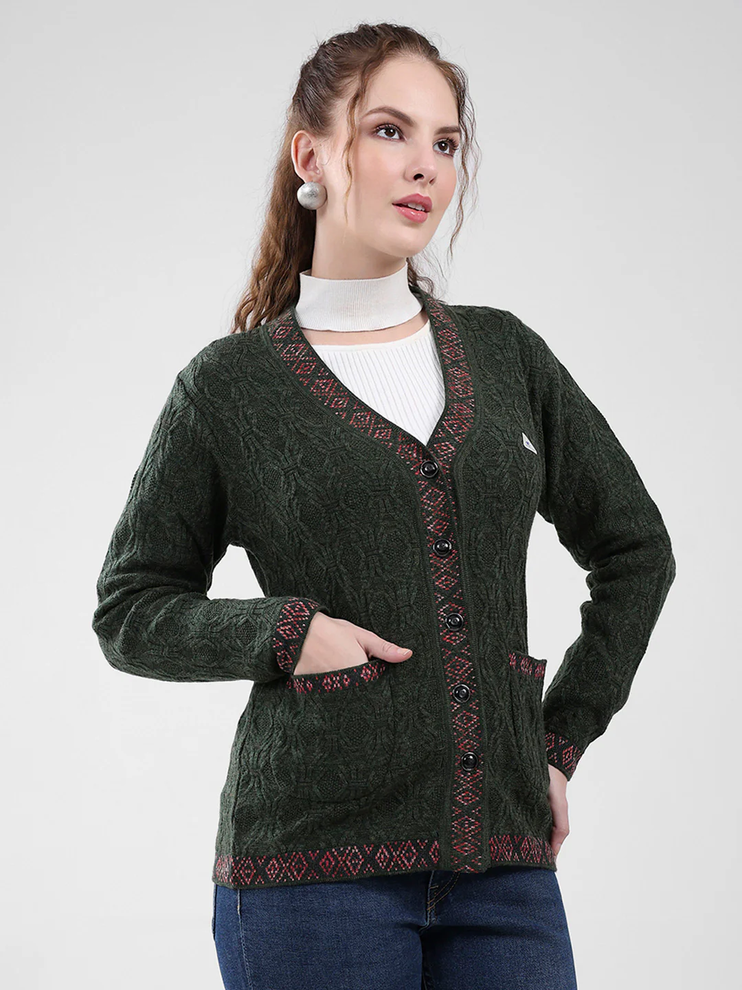 Women Green Self Design V Neck Full Sleeve Cardigan - Image 4