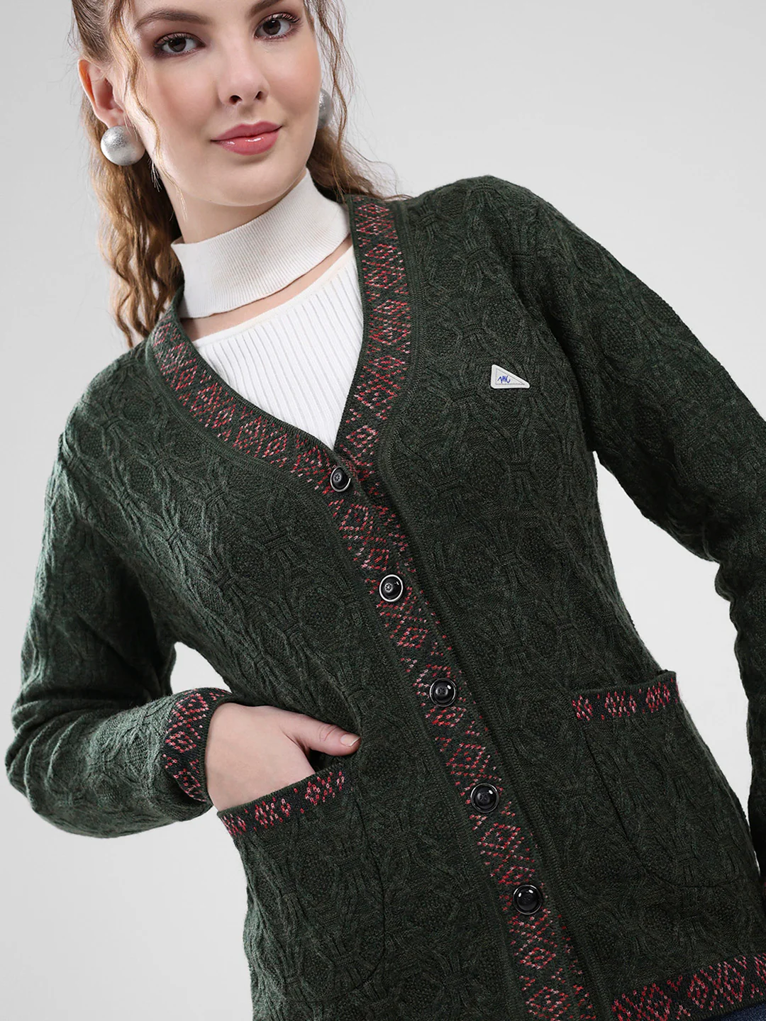 Women Green Self Design V Neck Full Sleeve Cardigan - Image 6