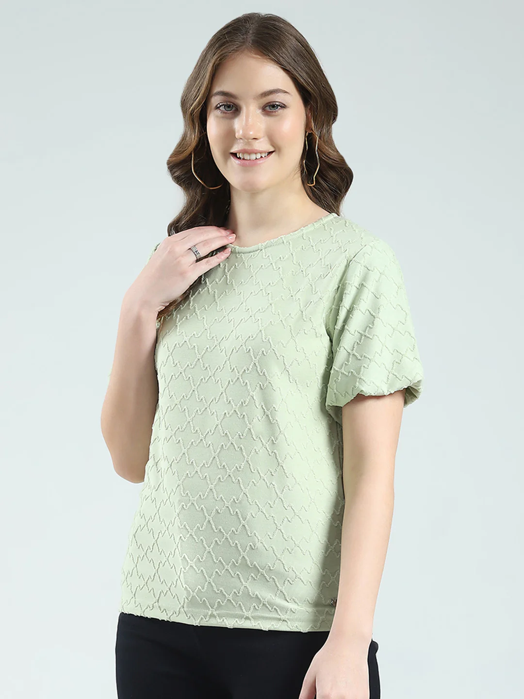 Women Green Self Design Round Neck Half Sleeve Top - Image 3
