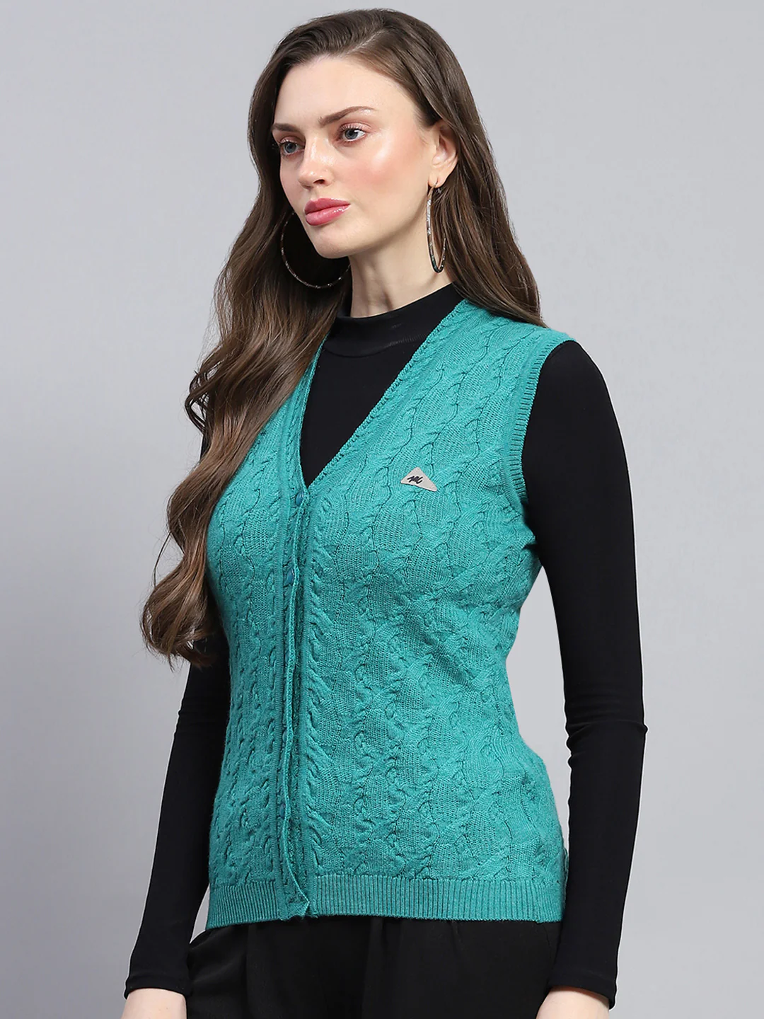 Women Green Self Design V Neck Sleeveless Cardigan - Image 3