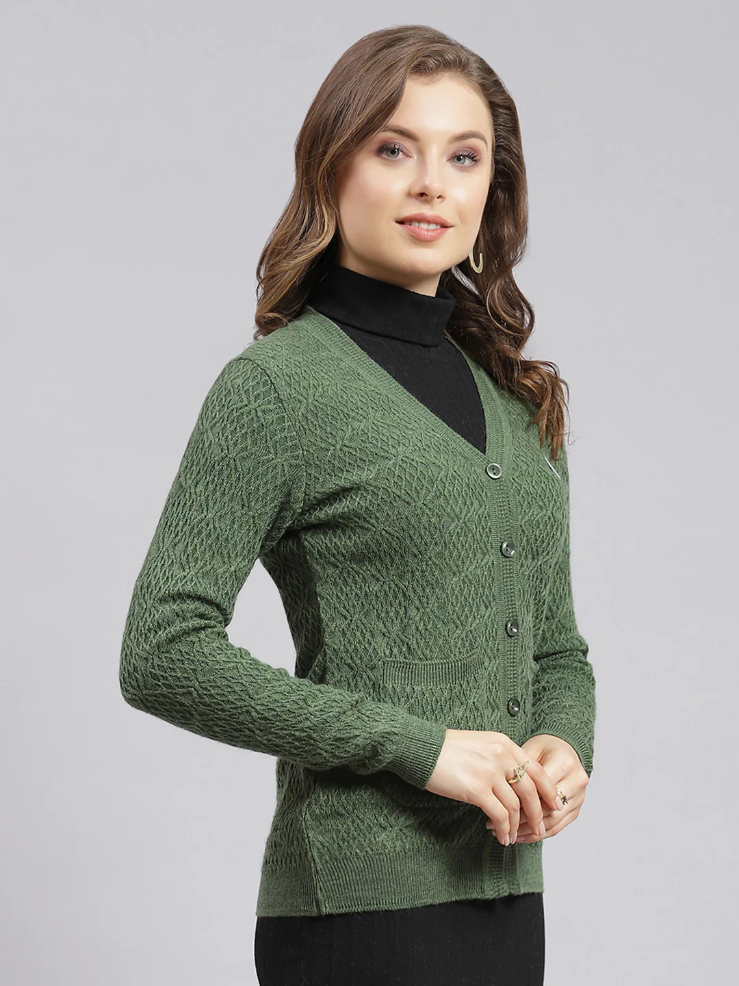Women Green Self Design Wool blend Cardigan - Image 2