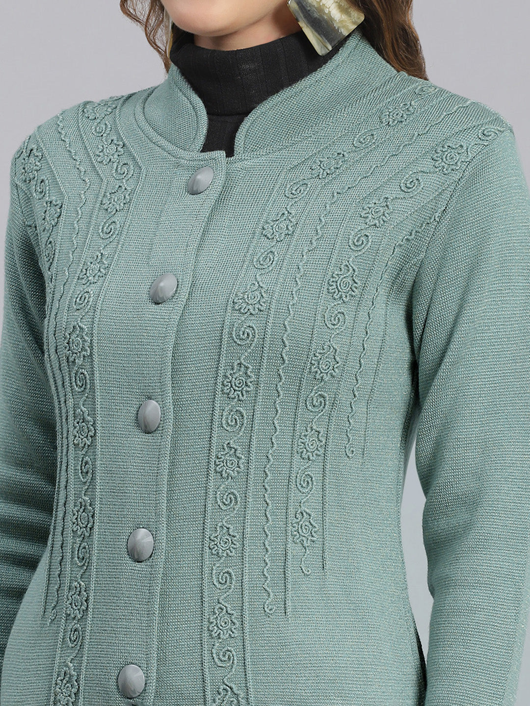 Women Green Self Design Mandarin Collar Full Sleeve Coats - Image 2