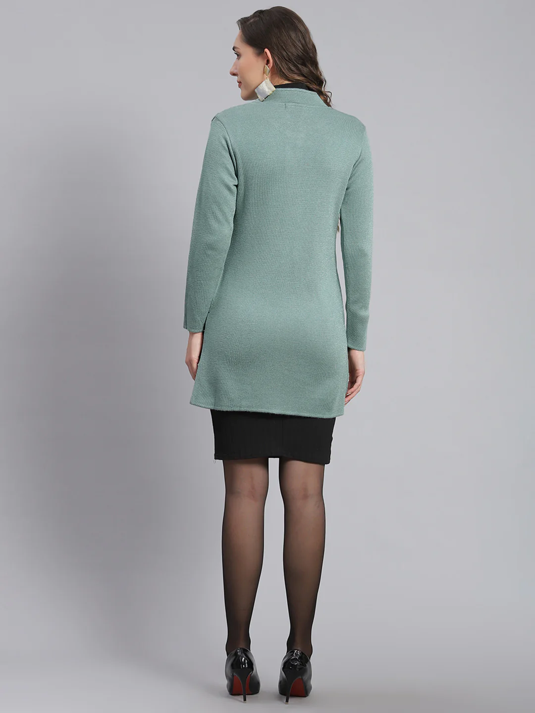 Women Green Self Design Mandarin Collar Full Sleeve Coats - Image 6