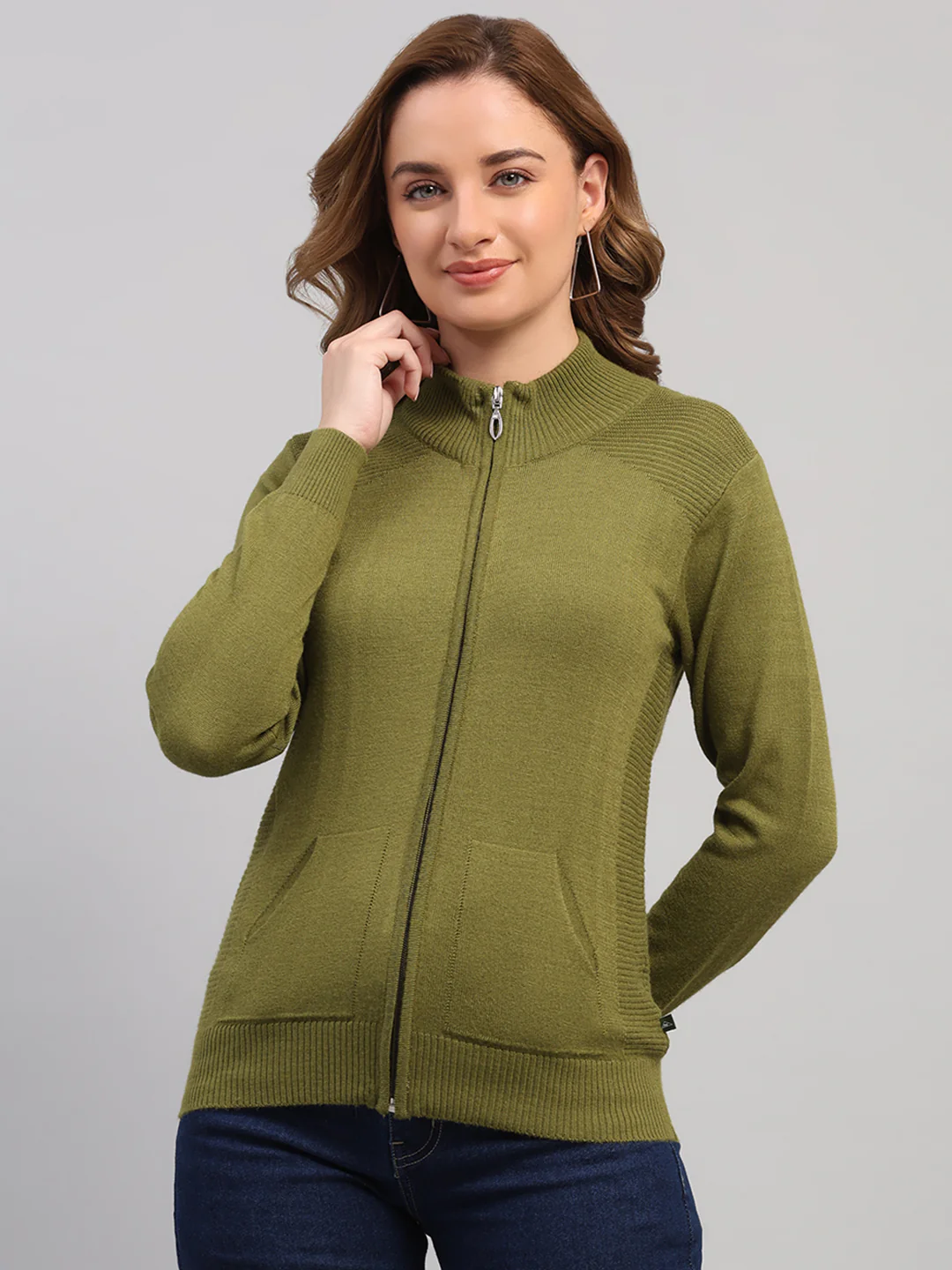 Women Green Solid Collar Full Sleeve Cardigan