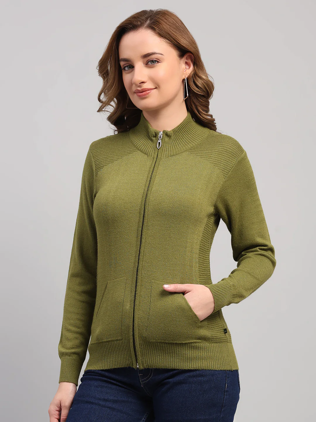 Women Green Solid Collar Full Sleeve Cardigan - Image 3