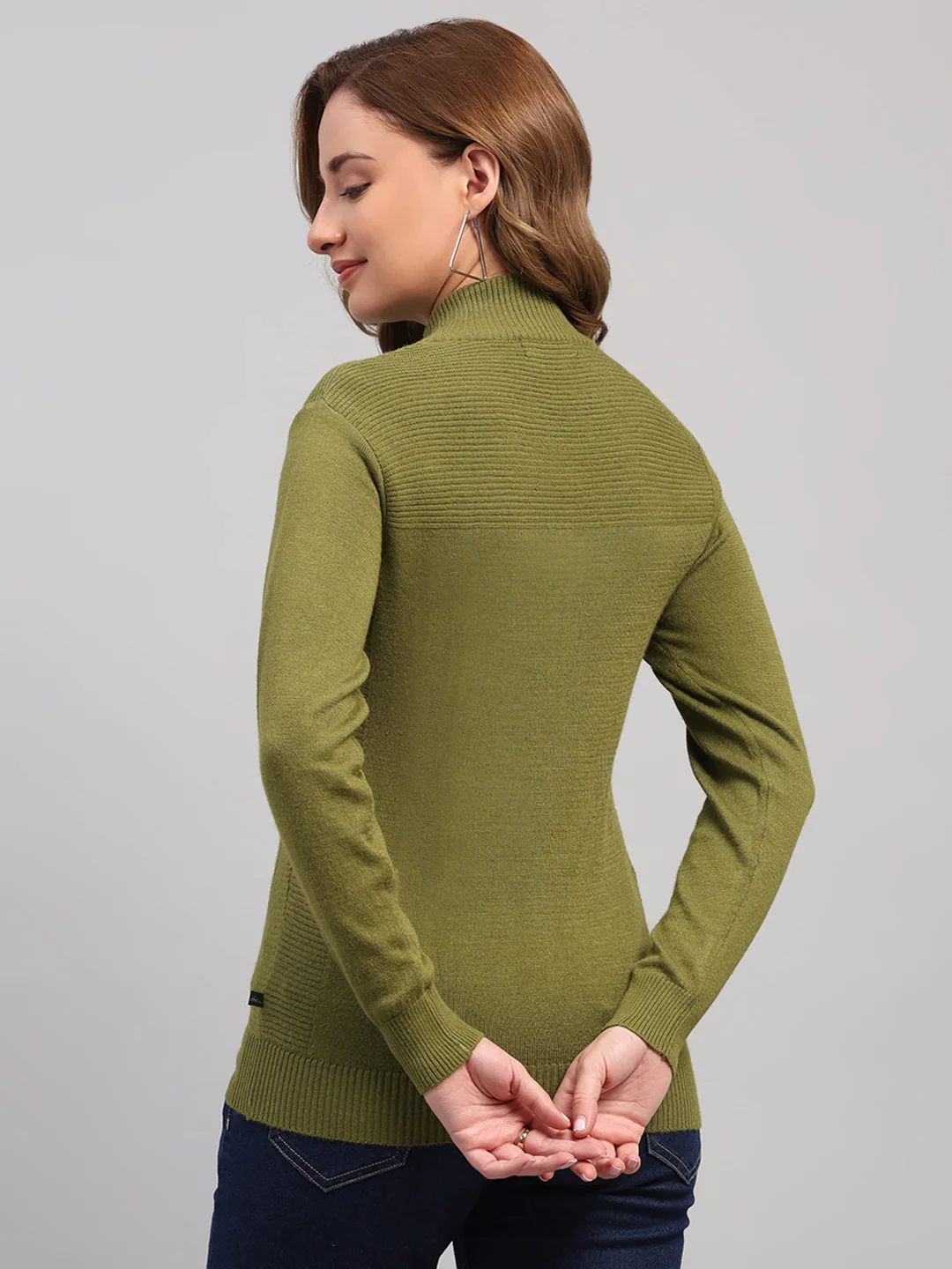 Women Green Solid Collar Full Sleeve Cardigan - Image 5