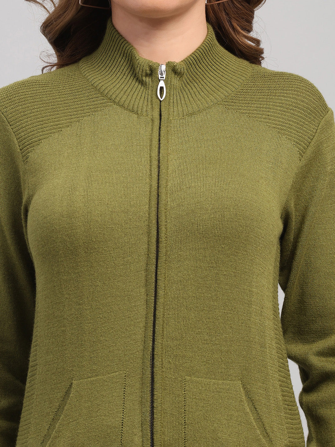 Women Green Solid Collar Full Sleeve Cardigan - Image 6