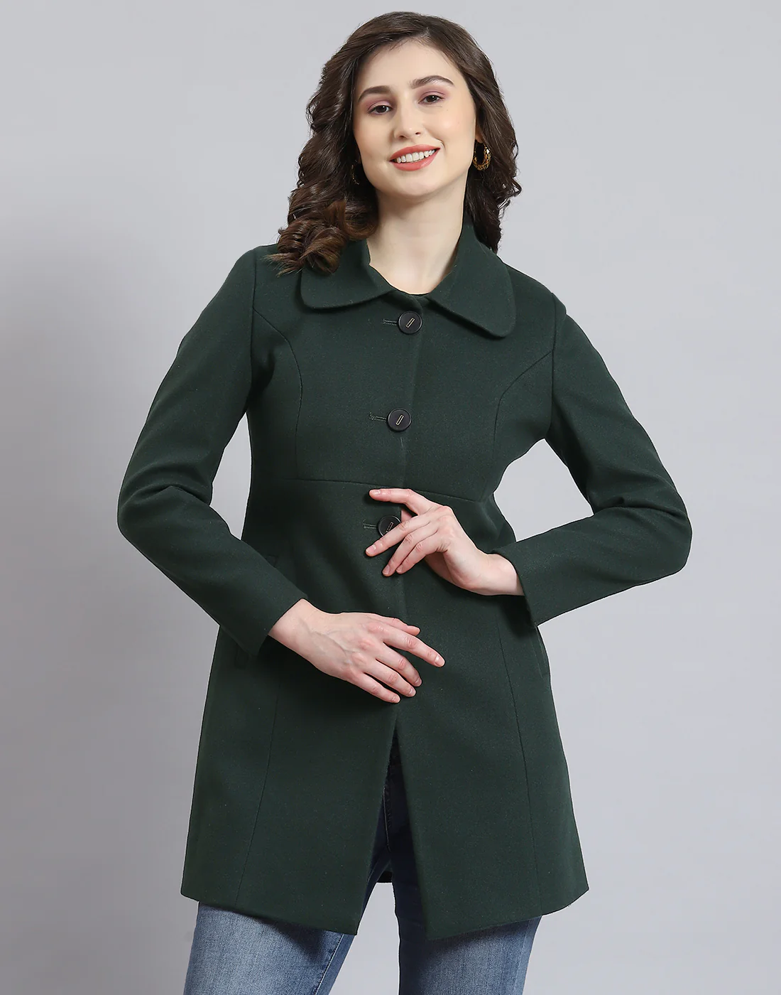 Women Green Solid Collar Full Sleeve Coat - Image 2