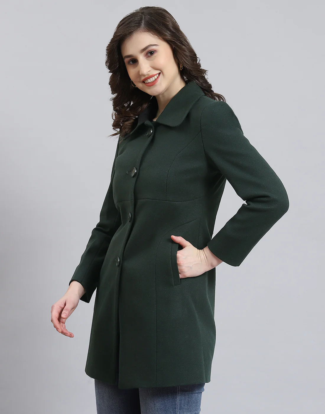 Women Green Solid Collar Full Sleeve Coat - Image 3
