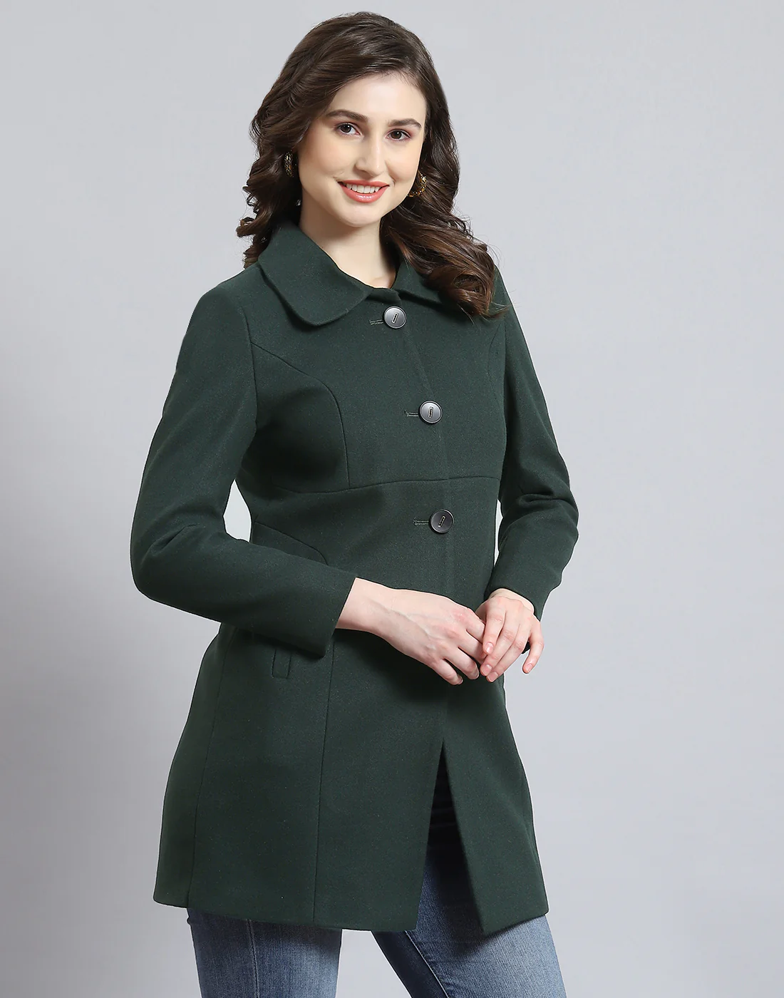 Women Green Solid Collar Full Sleeve Coat - Image 4