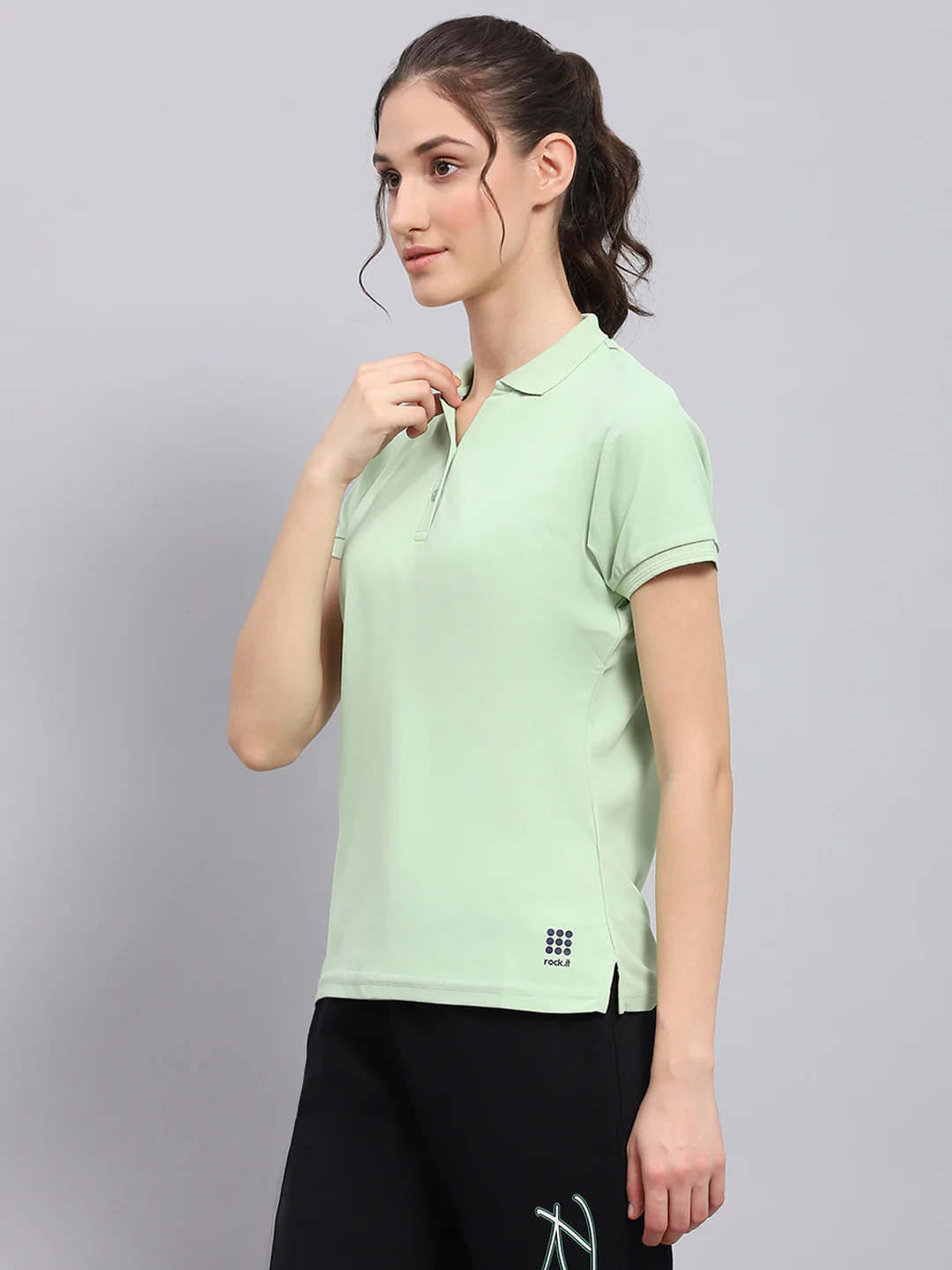 Rock.it Women Green Solid Collar Half Sleeve T Shirt - Image 3