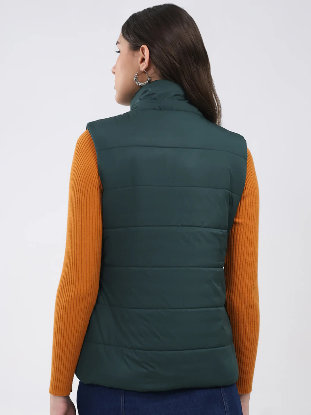 Women Green Solid Collar Sleeveless Jacket - Image 5